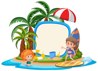 Obraz na płótnie Canvas Empty banner template with kids character on summer vacation at the beach on white background