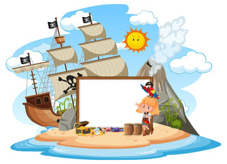 Pirate Island with blank banner template isolated