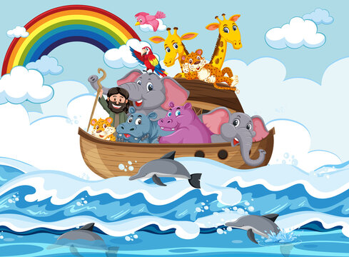 Animals on Noah's ark floating in the ocean scene
