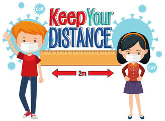 Keep your distance banner with cartoon character