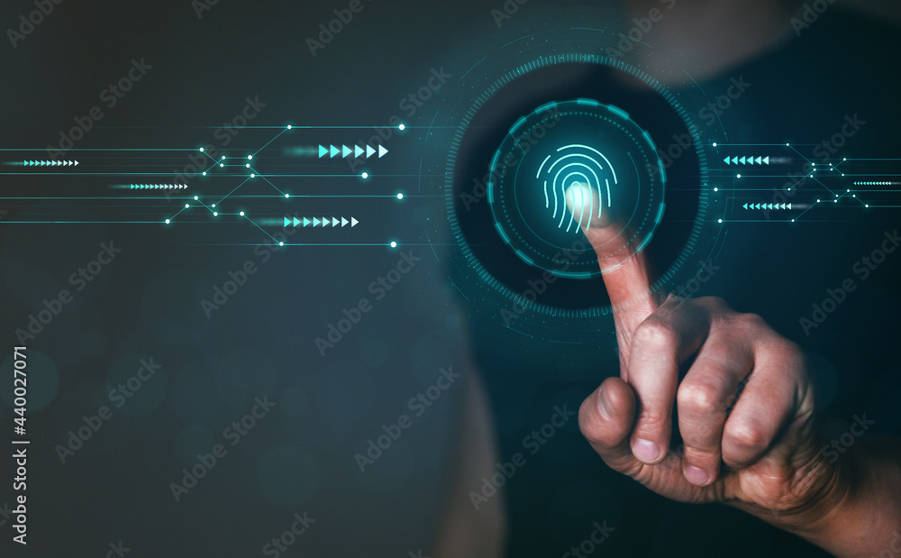 Poster biometric fingerprint scan provides security cyber protection. internet technology. data security. p