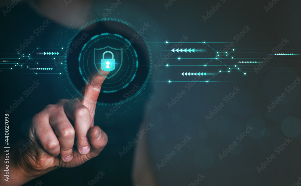 Poster businessman protecting data personal information. cyber security network. data protection privacy. p