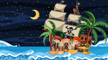 Photo sur Plexiglas Chambre denfants Scène de l& 39 île au trésor la nuit avec des enfants pirates
