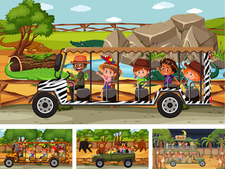 Different safari scenes with animals and kids cartoon character