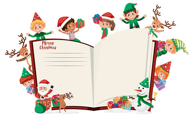 Blank book pages with many kids in Christmas theme