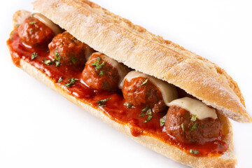 Meatball sub sandwich isolated on white background