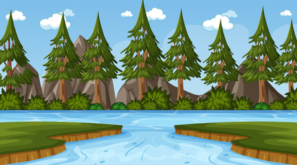Background scene with river in the pine forest