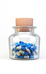 Retro medical cork cap glass bottle with pills. 3d rendering