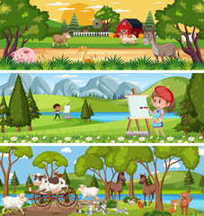Obraz na płótnie Canvas Outdoor panorama landscape scene set with cartoon character