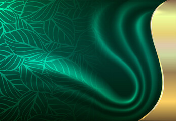 Wavy drapery. Floral ornament on a green background in a gold frame.