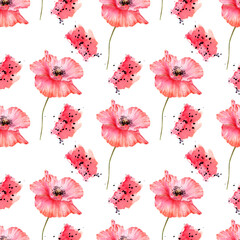 Seamless pattern with poppies and watercolor spots.