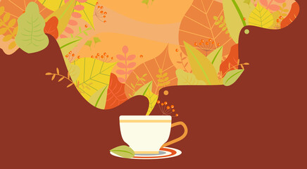Herbal tea cup illustrated with beautiful autumn leaves pouring into mug.  Editable flat vector illustration