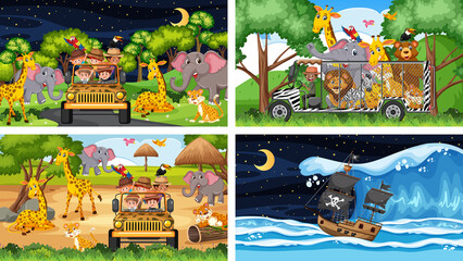 Set of different scenes with animals in the zoo and pirate ship at the sea