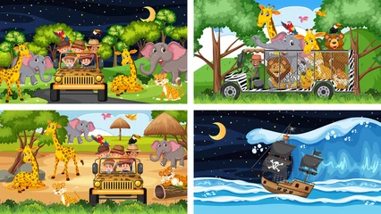 Tuinposter Set of different scenes with animals in the zoo and pirate ship at the sea © brgfx
