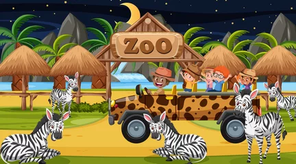 Poster Im Rahmen Safari at night time scene with children watching zebra group © brgfx