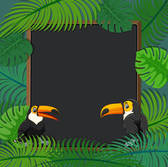 Plakat Empty banner with tropical leaves frame and toucan cartoon character