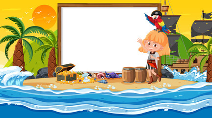 Obraz na płótnie Canvas Empty banner template with pirate girl at the beach sunset scene