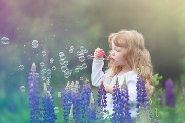 little blonde girl with curly hair walking in a field with lupins, blowing soap bubbles, summer evening
