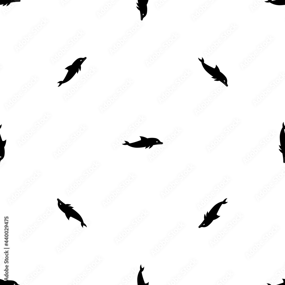 Poster seamless pattern of repeated black dolphin symbols. elements are evenly spaced and some are rotated.