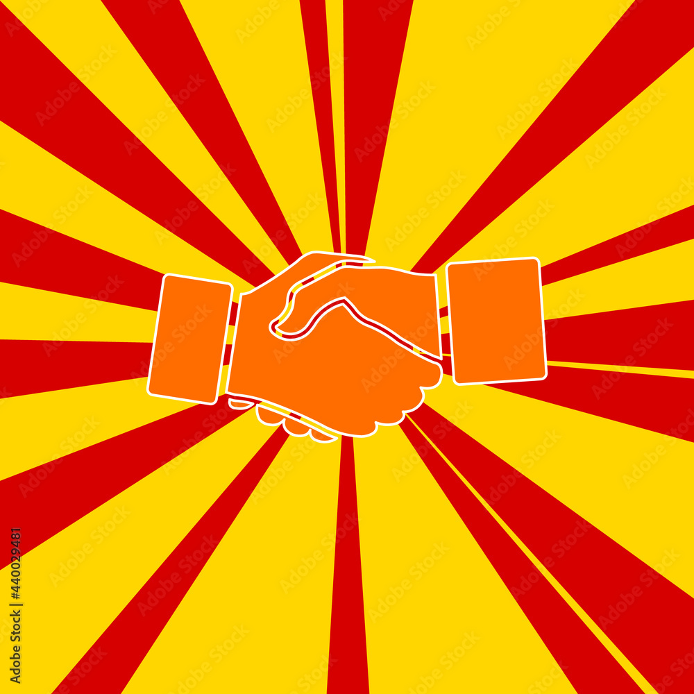 Poster handshake symbol on a background of red flash explosion radial lines. the large orange symbol is loc