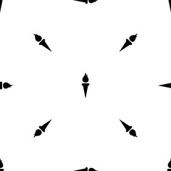 Seamless pattern of repeated black torch symbols. Elements are evenly spaced and some are rotated. Vector illustration on white background