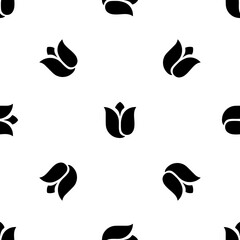 Seamless pattern of repeated black tulips. Elements are evenly spaced and some are rotated. Vector illustration on white background