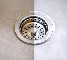 Compare image before - after cleaning with special detergent of the dirty stainless sink in a cafe...