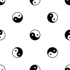 Seamless pattern of repeated black yin yang symbols. Elements are evenly spaced and some are rotated. Vector illustration on white background