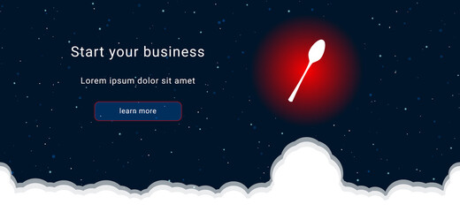 Business startup concept Landing page screen. The spoon on the right is highlighted in bright red. Vector illustration on dark blue background with stars and curly clouds from below