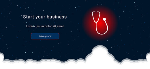Business startup concept Landing page screen. The stethoscope symbol on the right is highlighted in bright red. Vector illustration on dark blue background with stars and curly clouds from below