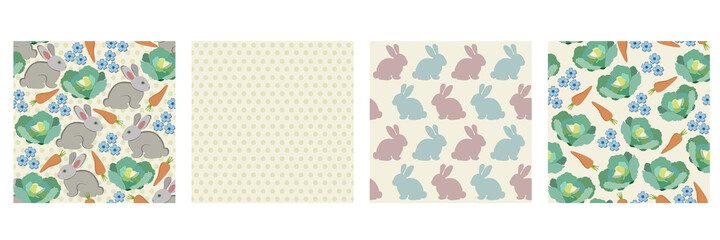 Vector collection of seamless patterns. Rabbits, carrot, cabbage, forget-me-not flowers, polka dots. Light yellow background. Rustic topic.