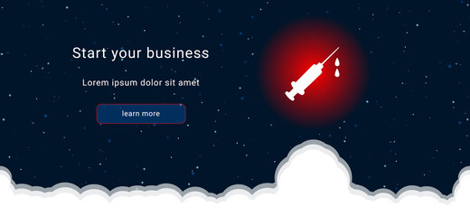 Business startup concept Landing page screen. The syringe symbol on the right is highlighted in bright red. Vector illustration on dark blue background with stars and curly clouds from below