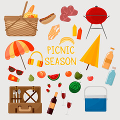 Vector illustration of a family picnic. Set of icons for summer, spring barbecue and picnic. Umbrella, picnic basket, suitcase with dishes, refrigerator, fruit, hot dog. Dinner, lunch in nature.