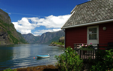 Fototapeta premium house on the lake, Flam, Norwegian fjords, Norway