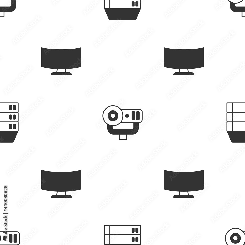 Poster set server, data, web hosting, camera and computer monitor screen on seamless pattern. vector