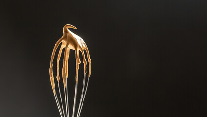 Metal balloon whisk with whipping instant Dalgona coffee. frothy coffee trend korean drink latte espresso with coffee foam, Long banner format. top view