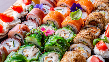 sushi roll in plate on wooden table background