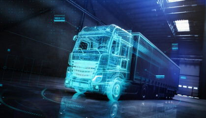 Futuristic truck with trailer scene with  wireframe intersection (3D Illustration) - obrazy, fototapety, plakaty