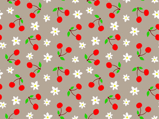 Abstract Hand Drawing Cherry Fruits and Ditsy Flowers Seamless Vector Pattern Isolated Background