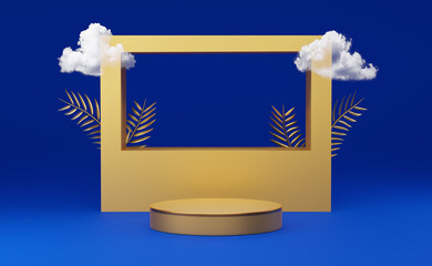 yellow podium empty with geometric shapes  and gold color palm leaf in blue composition for modern stage display and minimalist mockup ,abstract showcase background ,3d render