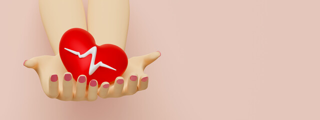 cartoon woman hands holding red heart and blood pressure heart rate with copy space isolated on pink background ,Concept 3d illustration or 3d render