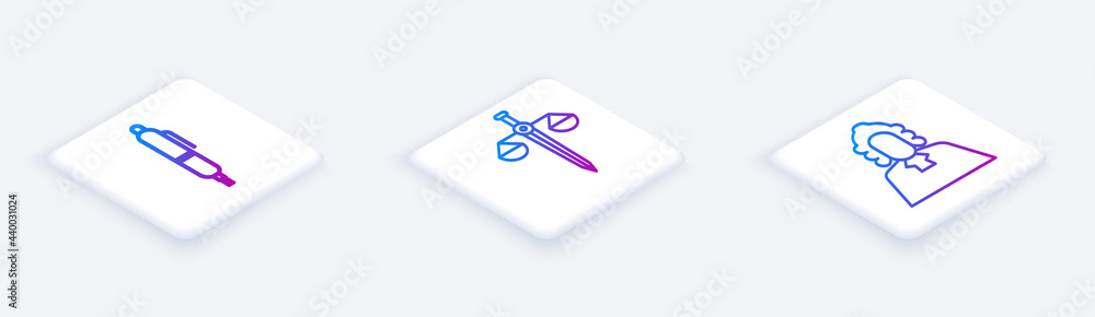 Poster set isometric line pen, scales of justice and judge. white square button. vector