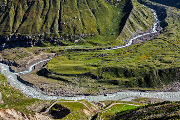 Lahaul valley with Chandra river in Himalayas. Himachal Pradesh, India