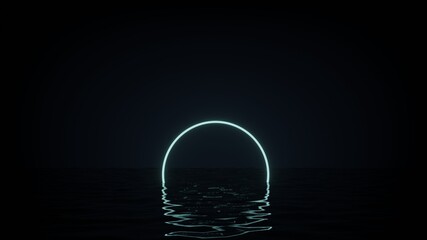 3d render of glowing empty circle under water surface with light reflection
