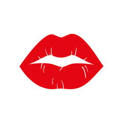 Abstract bright red lips. Illustration with vector female lips. The lips are painted with red lipstick. Kiss, passion. Lips silhouette on isolated background