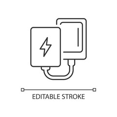 Power bank linear icon. Compact charger for mobile phone. Portable essential amenities. Thin line customizable illustration. Contour symbol. Vector isolated outline drawing. Editable stroke