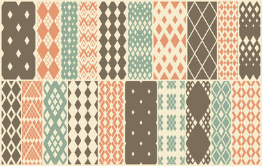 Rhombuses seamless geometric vector pattern set, rhomb simple black and white wallpaper background, regular tile design picture collection.
