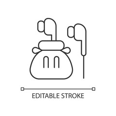 Headphones linear icon. Compact bag with earphones for trip convenience. Portable amenities. Thin line customizable illustration. Contour symbol. Vector isolated outline drawing. Editable stroke