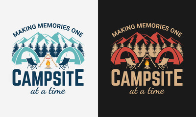 making memories one campsite at a time with campfire, mountain, vector modern logos of camping theme, suitable for apparel, mug, t-shirt design and many others, vector illustration