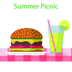 Burger on a plate on a red tablecloth with lemonade on white background. Summer picnic poster or banner. Vector illustration